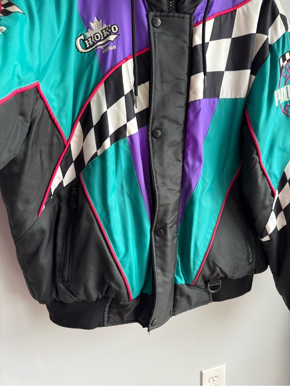 Retro Choko Racing Ski Snowmobile Jacket Mens XL Check Fleece Lined Winter Coat - Picture 5 of 14